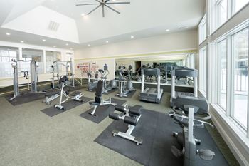 A gym with a variety of equipment including treadmills, weights, and exercise machines